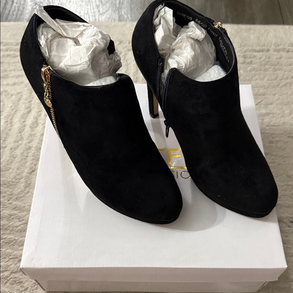 Black Suede Ankle Booties with Side Zip Detail - Women